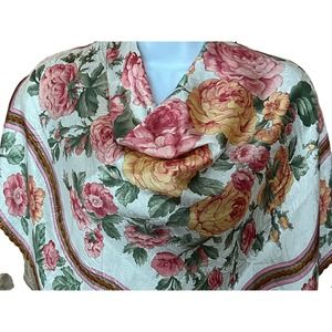 Casca Floral Square Scarf Cabbage Rose Silky Golden Shimmery Hand Rolled Hem 35"